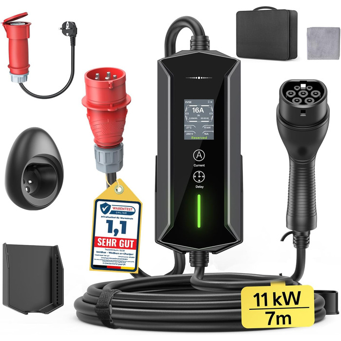 Портативний зарядний пристрій для електромобілів 11 кВт з LCD-дисплеєм, IP65, Schuko, 16A, для EV та PHEV