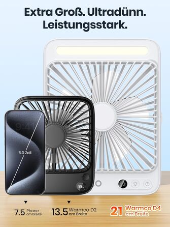 Вентилятор для кемпінгу Warmco 20000mAh з лампою та дисплеєм, 15-48 годин роботи, тихий, ультратонкий, з гачком, USB, для намету, відпочинку, офісу, автодому, спальні