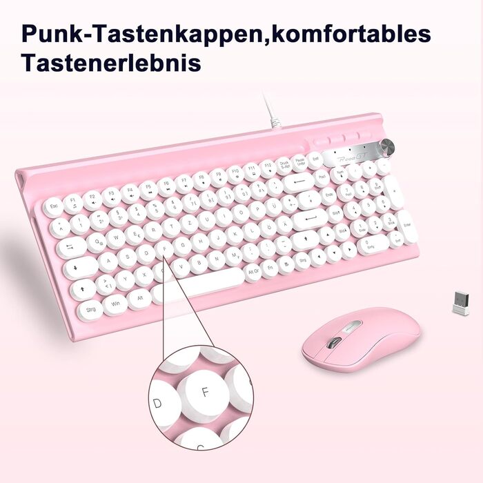 Ігрова клавіатура та миша RaceGT з RGB підсвічуванням, 104 клавіші, вологостійка, 7 кнопок миші 6400 DPI, QWERTZ (DE-Layout), рожевий кабель