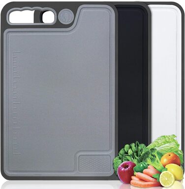 Large Plastic Cutting Board Set of 3, 35 x 23 cm - Kitchen Board Cutting Boards with Juice Grooves & Garlic Press Groove, Non-Slip Cutting Board Black, Breakfast Board for Fruit/Vegetables/Meat