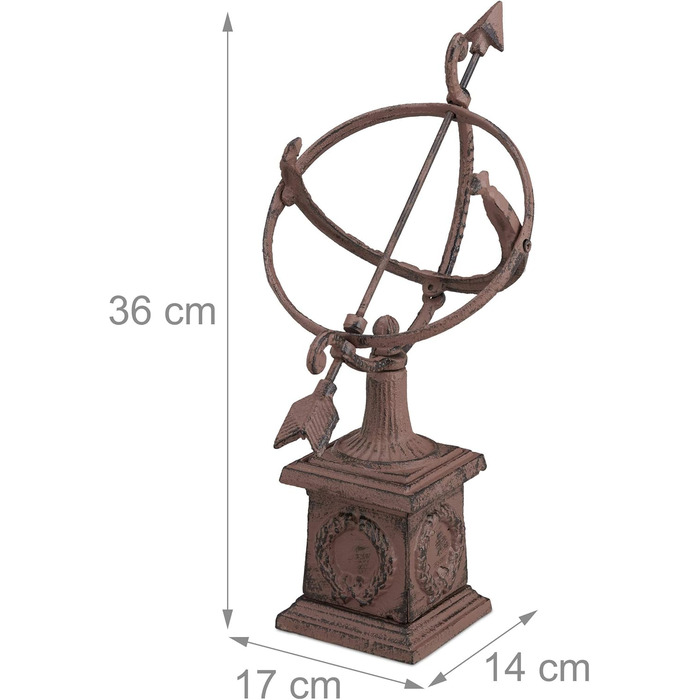 Relaxdays Sundial, cast iron, antique design, weather-resistant, garden decoration, H x W x D: approx. 36 x 17 x 14 cm, brown