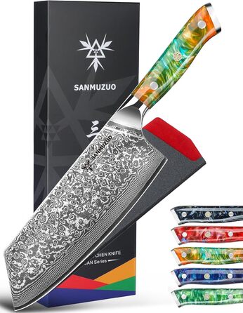 Японський ніж Nakiri Sanmuzuo Xuan Serie 19 см, Дамаск, VG10 сталь, ручка з гірської смоли (Dream Orange)