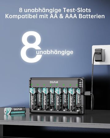 Зарядний пристрій Dlyfull для акумуляторів AAA/AA, 8-канальний зарядний пристрій з LED-дисплеєм, 5V/2A USB-C, для NI-MH/NI-CD, чорний