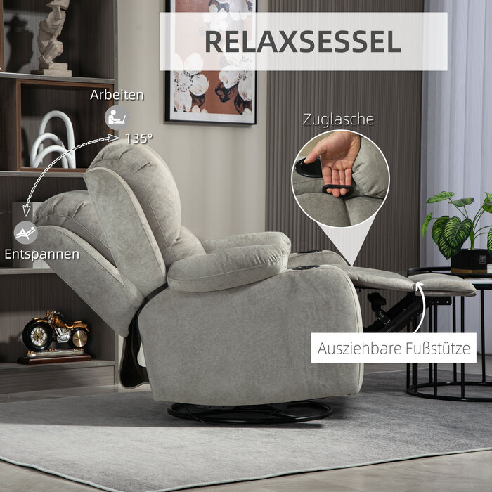 HOMCOM Electric Reclining TV Chair, 360° Swivel, Rocker Function, Pocket Spring, Footrest, Cup Holder, Brown