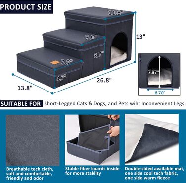 Dog Stairs 3 Steps, Pet Stairs Foldable for Sofa & Bed, Removable Pet Stairs Folding with Storage Box, Multifunctional Pet Ladder for Small Dogs Cats (Blue)
