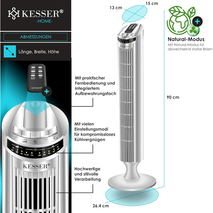 Турбо вентилятор KESSER® з пультом керування | 90° кут осциляції | 3 швидкості | 90 см | Таймер | Turbo функція | Стовпчастий вентилятор | Сріблястий колір