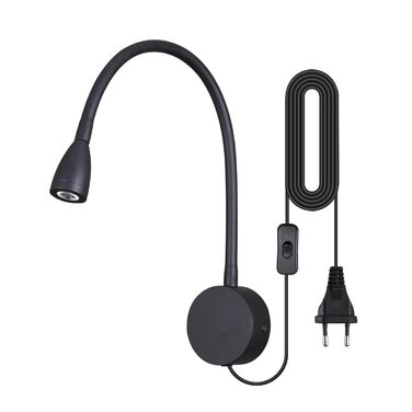 Світлодіодний настінний світильник для читання 3W теплий білий 3000K чорний, з вимикачем на шнурі