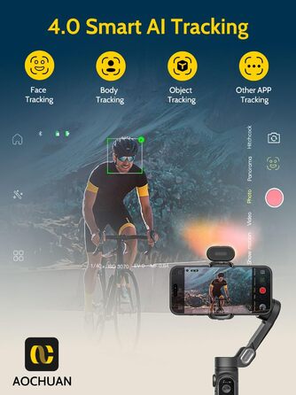 Стабілізатор для смартфона AOCHUAN 3-осьовий з функцією розпізнавання обличчя, вбудованим світлом, 1/4 дюйма, для iPhone 16/15 Pro, Android, TikTok - Smart X Kit, Чорний