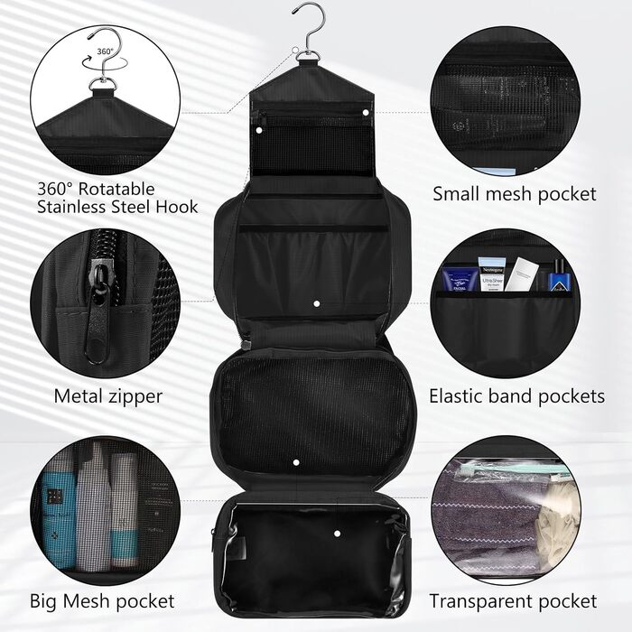 Чоловіча/Жіноча Туалетна Сумка для Подорожей з 4 Відсіками, Велика Місткість, Органайзер для Косметики, Чорний Колір