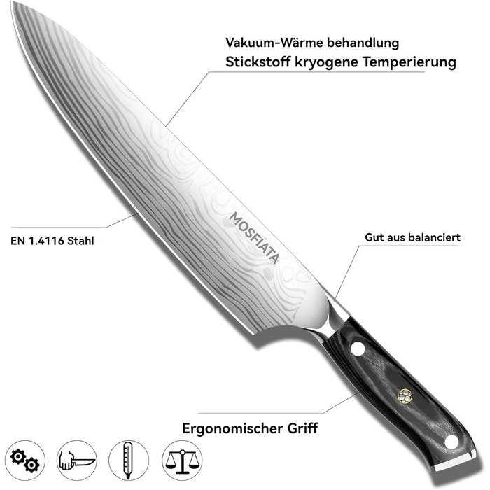 MOSFiATA Кухонний ніж 10 дюймів (25 см) - професійний ніж для м'яса з високоякісної сталі EN1.4116, ідеальний для шеф-кухарів, ніж для кухні, ніж кухаря, з подарунковою упаковкою