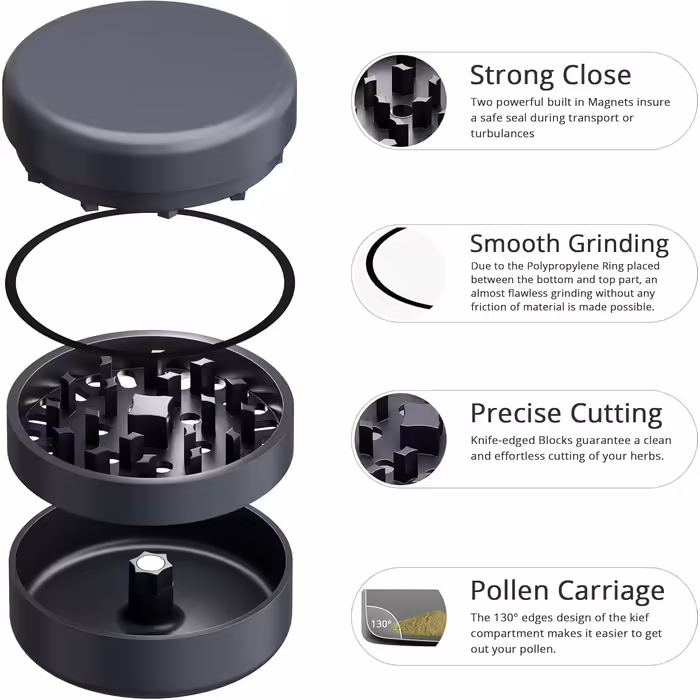 Ceramic Grinder Crusher Non-Stick | 3-piece | Nano ceramic coated herb grinder with razor-sharp grinding mechanism | Ø 62 mm | includes pollen scraper, brush, and mouthpiece (Anthracite)