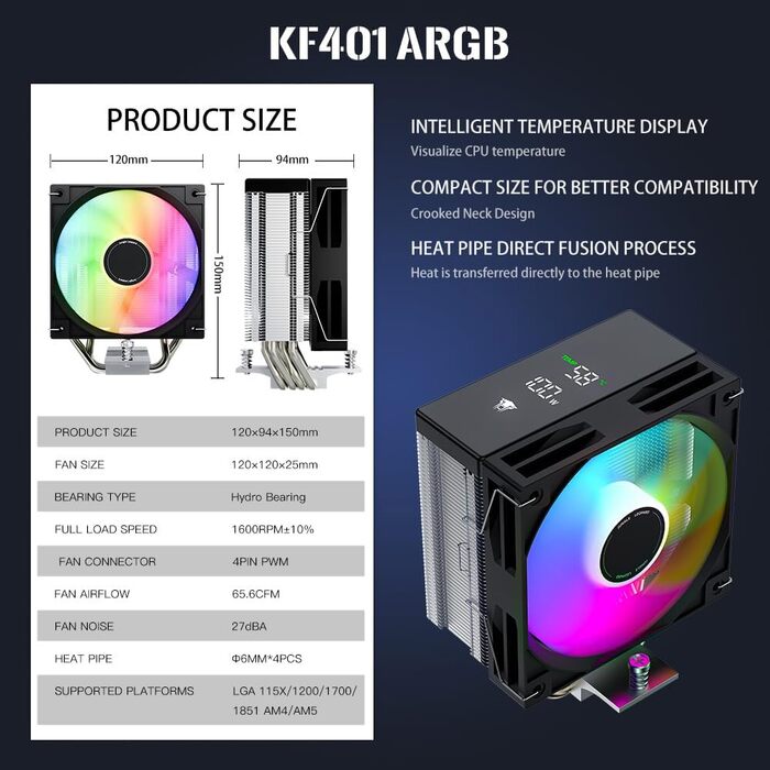 Система охолодження CPU TZMRIT KF401 DGT з дисплеєм, 12 см, 1600 RPM, 4-pin PWM вентилятор для Intel LGA 1700/1200/115X/1851 та AM4/AM5