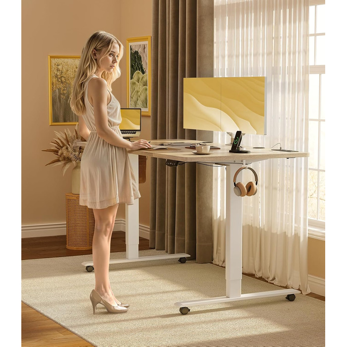OffiGo Electric Standing Desk with USB Ports - Height Adjustable Desk, Memory Function, 160x70cm - White