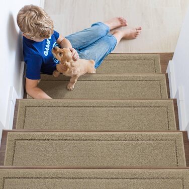 Сходинкові килимки JSEI, антиковзаючі, набір з 15 шт, 20.3 x 76.2 см, машинне прання, самоклеючі, для дітей, літніх людей та домашніх тварин, 100% поліестер, TPE-підкладка, темно-сірий