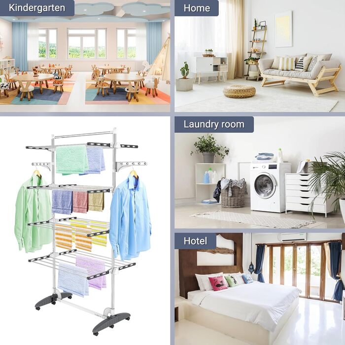 Турбо сушарка для білизни Todeco з нержавіючої сталі, 4 яруси, мобільна, сіра