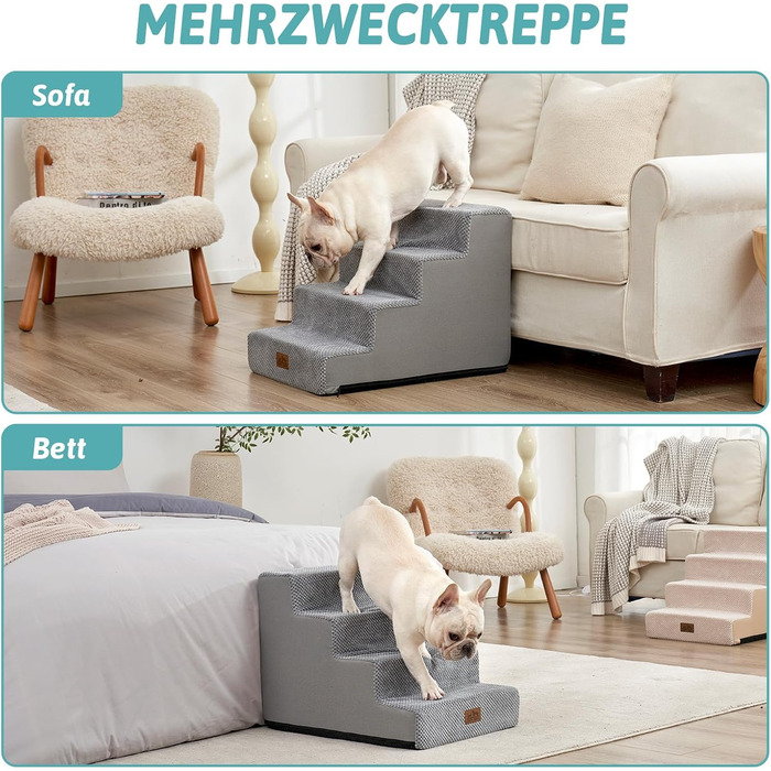 Сходинка для собак COZY KISS, 5 сходинок, 60 см, сіра. Підходить для маленьких собак та котів, знімний чохол, 60x45x45 см