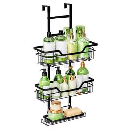 Поличка для душу без свердління, чорна, настінна, для скляних дверей, з 3 кошиками для шампуню та гелю для душу, стильна модель A