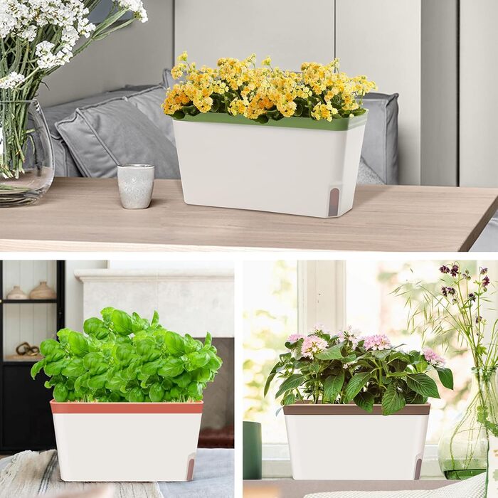 GardenBasix самополивний горщик-контейнер для кімнатних рослин, декоративний прямокутний вазон для квітів та трав, набір 6 шт., три кольори, для дому та саду