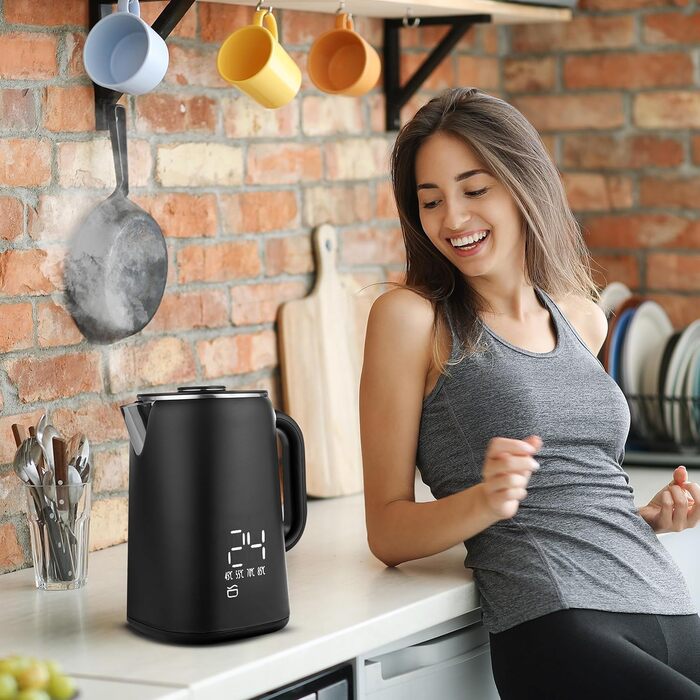 Електричний чайник-заварник Lehmann з нержавіючої сталі, 1,7 л, терморегуляція 45-100°C, з термостатом та дисплеєм, чорний