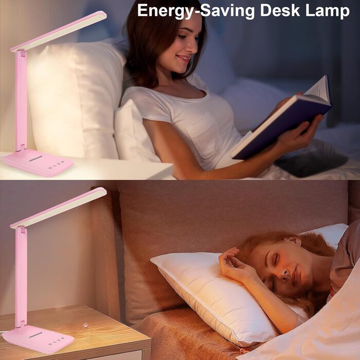 Лампа настільна LED Jumoking з регулюванням яскравості та захистом очей, 5 кольорів, 5 рівнів яскравості, USB-порт для зарядки, сенсорне керування, рожева (Pro)