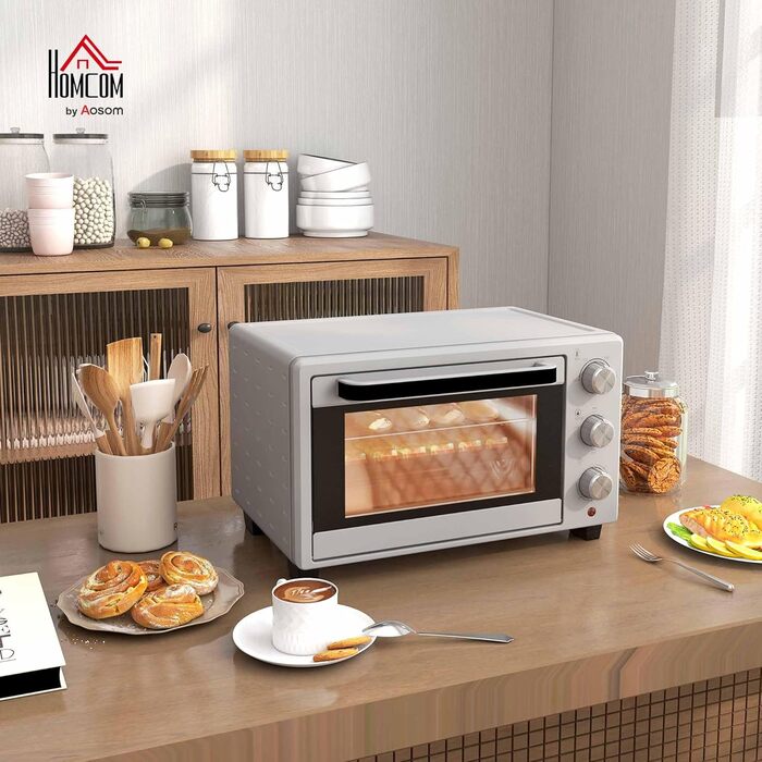 Міні-піч HOMCOM 21 л, 1400 Вт, 100-230°C, таймер, дека для крихт, дека для випічки, решітка-гриль, скло, для піци, кремово-білий (сріблястий)