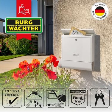 Поштовий ящик Burg-Wächter AMZ 2500 NI з газетницею та табличкою для імені, нержавіюча сталь, формат DIN C4, 2 ключі, білий