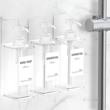 Дозатор мила Anhow 3er PETG для стін, набір з 3 шт. Без свердління, прозорий, 500 мл, з 16 водонепроникними етикетками для кухні/ванної кімнати