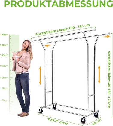 HOKEEPER Heavy-Duty Clothes Rack, Commercial Grade, Up to 181 kg (400 lbs) Load Capacity, Extendable Clothes Rod on Wheels, Durable Double Rails for Hanging Clothes, Silver