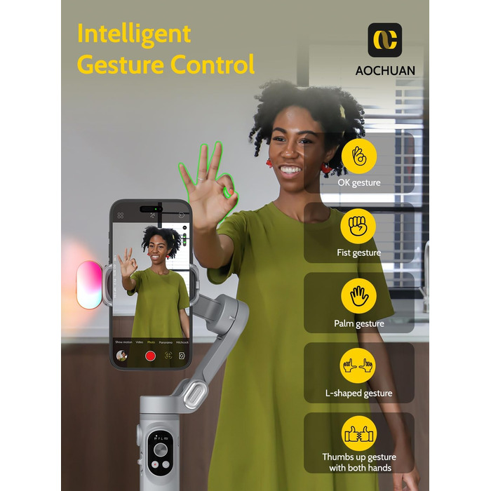 Стабілізатор для смартфона AOCHUAN з 3 осями, для iPhone 16/15 Pro та Android, з розпізнаванням обличчя, 1/4