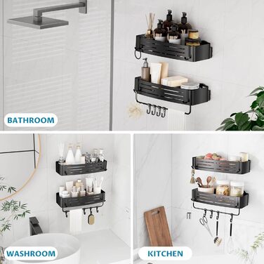 Двошаркова полиця для душу без свердління з присосками, вологостійка, чорна. Організатор для ванної кімнати з тримачем для рушників, шампуню та гелю для душу. Кутова полиця для душу з гачками, 2 шт.