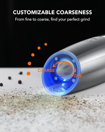 Електрична млинка для перцю та солі FORLIM, USB заряджання, 9oz, з LED-підсвіткою, регульований помел, автоматична, з нержавіючої сталі, срібляста