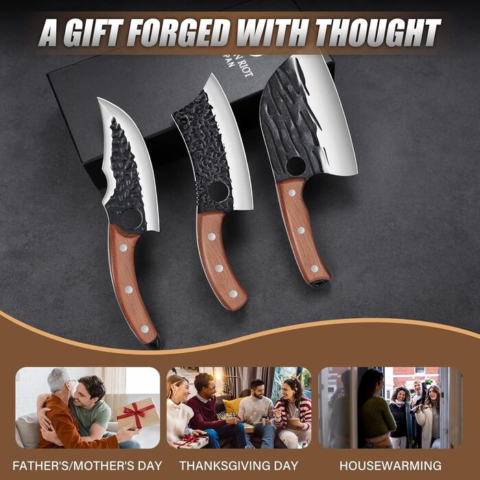 Набір кухонних ножів DRAGON RIOT 3 шт. – ручна ковка, сербський кухонний ніж, ніж для видобування Вікінга, ніж-сікач. Професійний набір для м'яса, BBQ. Подарунок для чоловіків, світло-коричневий.