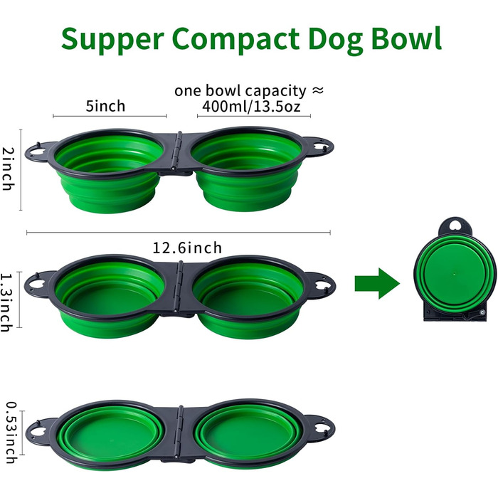 Складаний миска для собак SLSON, подвійний набір, для подорожей, прогулянок, активного відпочинку (зелений)