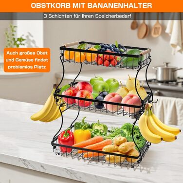 Металева фруктова корзина GMISUN з 3 ярусами та підставкою для бананів, чорна, сучасний дизайн. Підходить для зберігання фруктів, овочів та закусок. Велика місткість, 3 яруси.