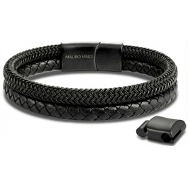 Чоловічий шкіряний браслет Baresi STEEL MB-0022: подвійний шнур, магнітний замок, регульований (19.5-21 см), чорний. З подарунковою упаковкою