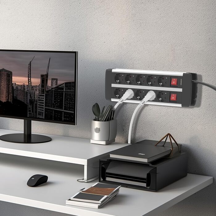 Мережевий фільтр на 10 розеток з USB-C PD 20W, захист від перенапруги, сертифікація TÜV/GS, вимикач, кабель 1.5м, 16A для офісу та майстерні