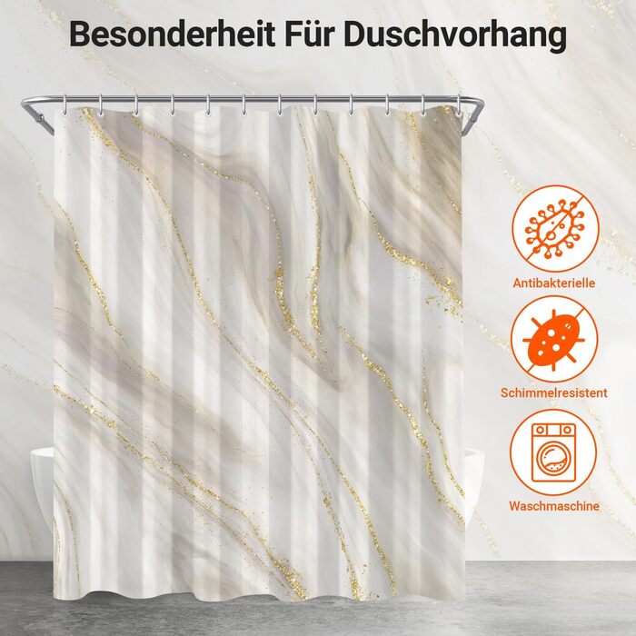 Штора для ванної кімнати 180x200 см з антигрибковим покриттям, водовідштовхувальна, поліестер, з кільцями (Phnom Penh Сірий мармур)