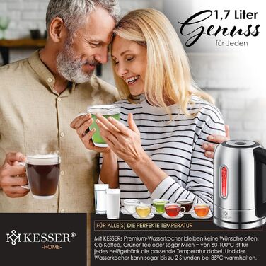 KESSER Stainless Steel Electric Kettle - 1.7L with LED Temperature Display (60-100°C) | Tea Filter, Scale Filter, BPA-Free, 2-Hour Keep Warm