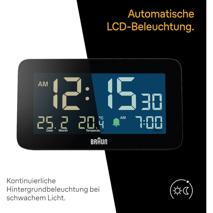 Braun Digital Alarm Clock with Date, Month, and Temperature Display, Negative LCD Display, Quick Set Function, and Gradual Alarm Sound in Black, Model BC10B.