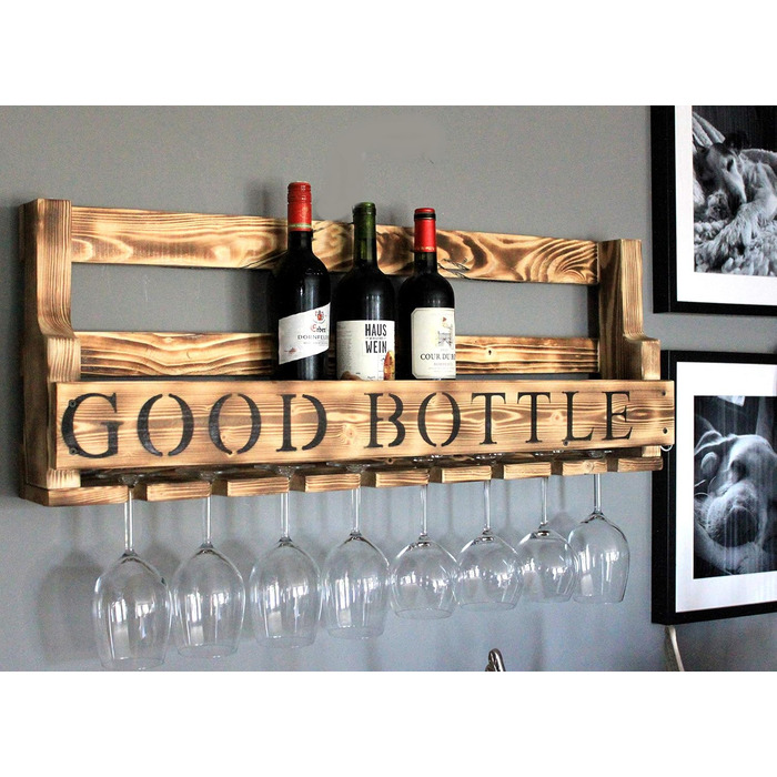 Wooden Wall-Mounted Wine Rack - with Glass Holder and VINO Sign - Flamed - Fully Assembled - Shelf for Wine Bottles and Glasses (Brown / Flamed (with Black Good Bottle Sign))