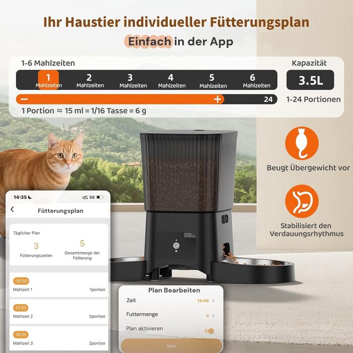 Автоматичний годівниця для котів HoneyGuardian з Wi-Fi та 2/4 мисками, 5G, чорний