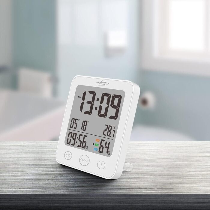 infactory Bathroom Radio Clock: Digital Bathroom Radio Wall Clock with Thermometer, Aluminum, Suction Cups, IP24 (Bathroom Radio Clock Digital, Clock, Gift Ideas) (1 piece, square)
