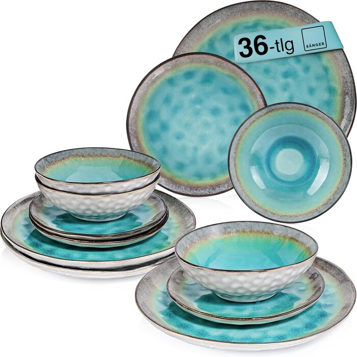 SÄNGER | Capri Tableware Set, 36-Piece Plate Set for 12 People, Stoneware Dinnerware Plates Set Dessert Plates Dinner Plates & Bowls, Handmade Plates, Turquoise Blue Dinner Service with Grey Rim, 36-Piece Tableware Set