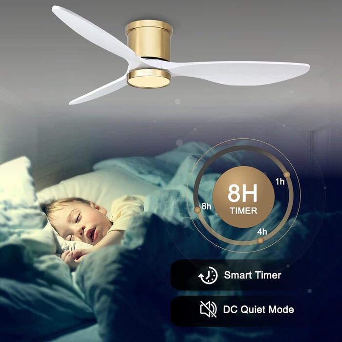 Стеляний вентилятор Ovlaim з підсвічуванням, пультом керування, DC мотор, 3 лопаті, 132 см (натуральний & сріблястий)