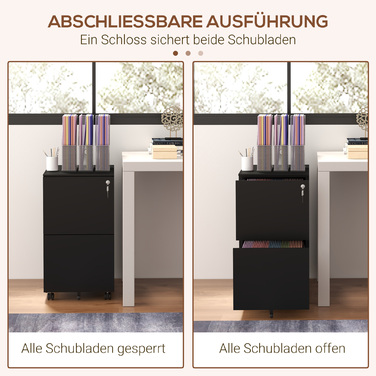 Vinsetto Rolling File Cabinet, Black with 2 Lockable Drawers on Steel Casters, 37x43.5x67.5cm for Office & Home Office