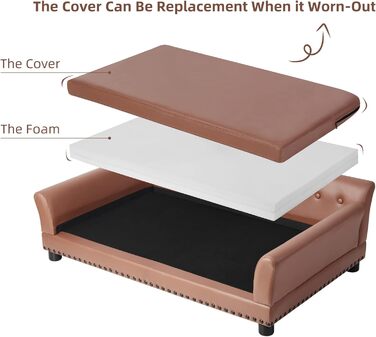 Софа для собак BingoPaw Luxus: велика ортопедична лежанка для собак XL з дихаючого водонепроникного шкірозамінника, сучасна лежанка для тварин з підголівником та дерев'яними ніжками, 120x74x40 см (колір: коричневий)