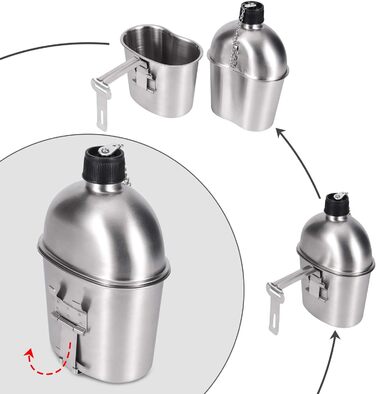 Goetland Stainless Steel US Military Field Bottle Set 1.2l with 0.6l Cup Nylon Bag Water Bottle Cooking Pot Camping Cup (1 Liter with 0.5 Liter)