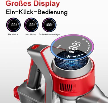 Бездротовий акумуляторний пилосос 45000 Па – 45 хв роботи, тихий (<65 дБ), LED-дисплей, 8-в-1 бездротовий пилосос з антизаплутаною насадкою та HEPA-фільтром – для шерсті тварин, килимів, твердих підлог та алергіків, червоний