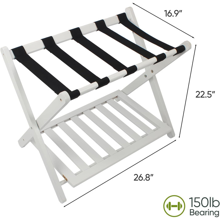 Fully assembled bamboo luggage rack with 5 straps, 2-tier foldable suitcase stand, wide wooden luggage rack, foldable luggage shelves, ideal for guest rooms, bedrooms, hotels, (100% solid bamboo)