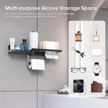 Настінний тримач для туалетного паперу з полицею, багатофункціональний, обертовий, з нержавіючої сталі, чорний мат. Підходить для ванної кімнати, кухні та пральні.